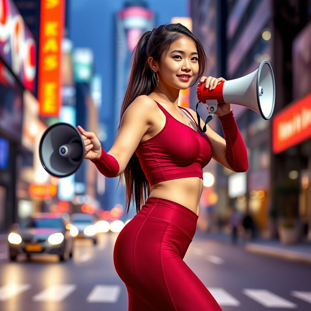 Beautiful Indonesian woman wearing a stylish red maroon sexy sport outfit, confidently using a megaphone