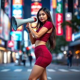 Beautiful Indonesian woman wearing a stylish red maroon sexy sport outfit, confidently using a megaphone