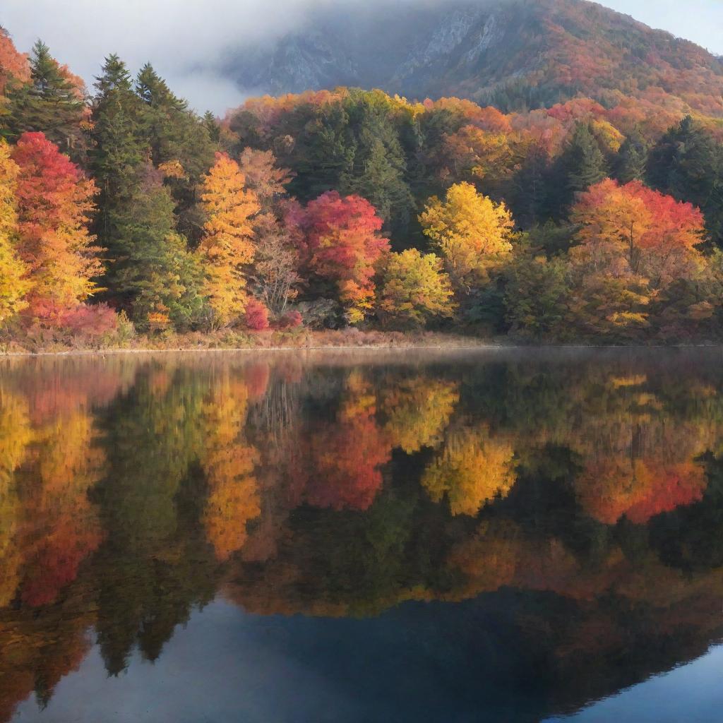 An autumn landscape with vibrant foliage reflecting in a calm lake, with a mountain backdrop partially hidden in soft mist.