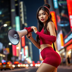 Beautiful Indonesian woman wearing a stylish red maroon sexy sport outfit, confidently using a megaphone