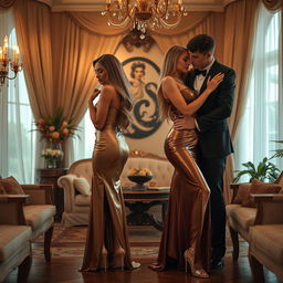 Inside a beautifully adorned home, two sexy couples are enveloped in an atmosphere of elegance and romance, portraying a scene of passion and connection