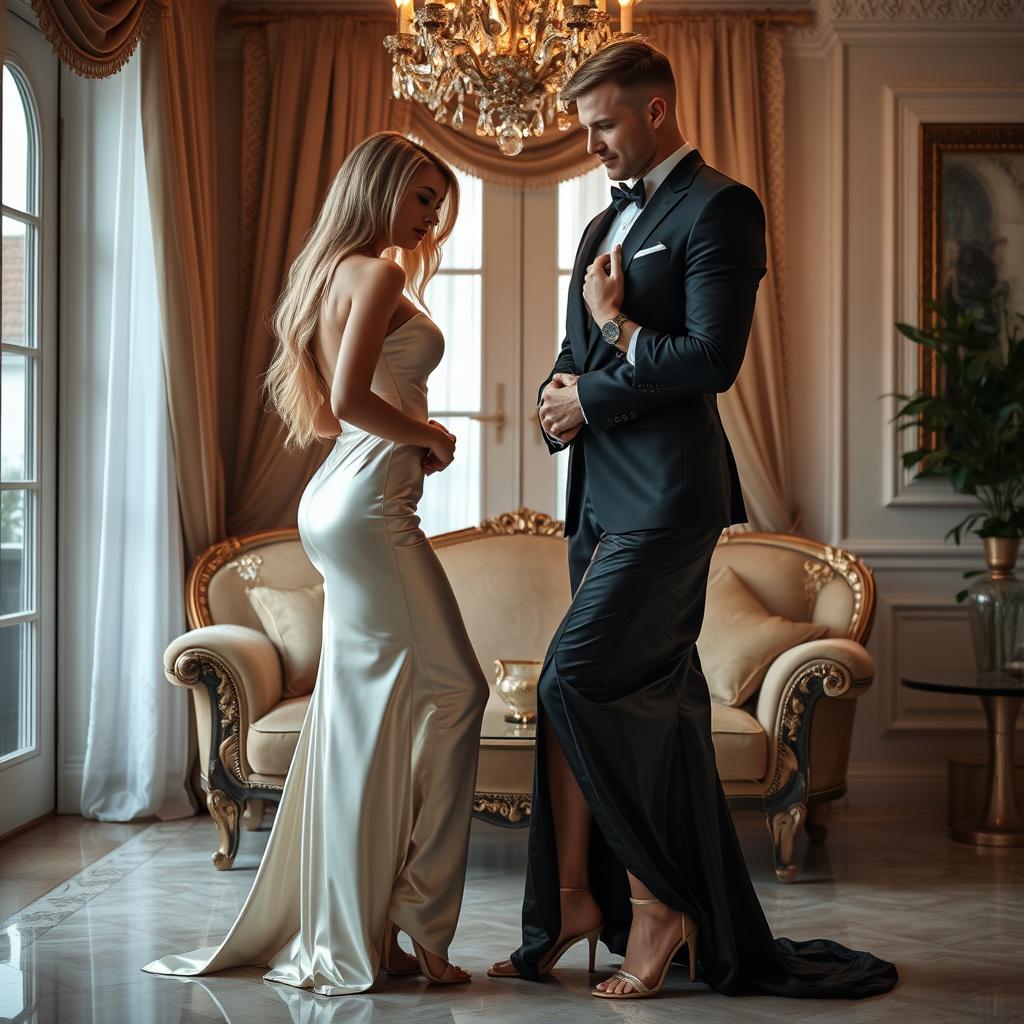 Inside a beautifully adorned home, two sexy couples are enveloped in an atmosphere of elegance and romance, portraying a scene of passion and connection