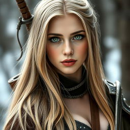 An 18-year-old Czech female medieval adventure warrior, possessing a curvy yet thin physique with medium-sized breasts and a round, firm ass, accentuating her beautiful legs