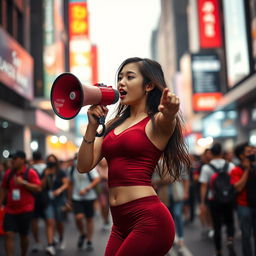 Beautiful Indonesian woman in a red maroon sexy sport outfit, passionately speaking into a megaphone