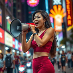 Beautiful Indonesian woman in a red maroon sexy sport outfit, passionately speaking into a megaphone