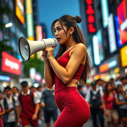 Beautiful Indonesian woman in a red maroon sexy sport outfit, passionately speaking into a megaphone