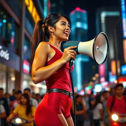 Beautiful Indonesian woman in a red maroon sexy sport outfit, passionately speaking into a megaphone