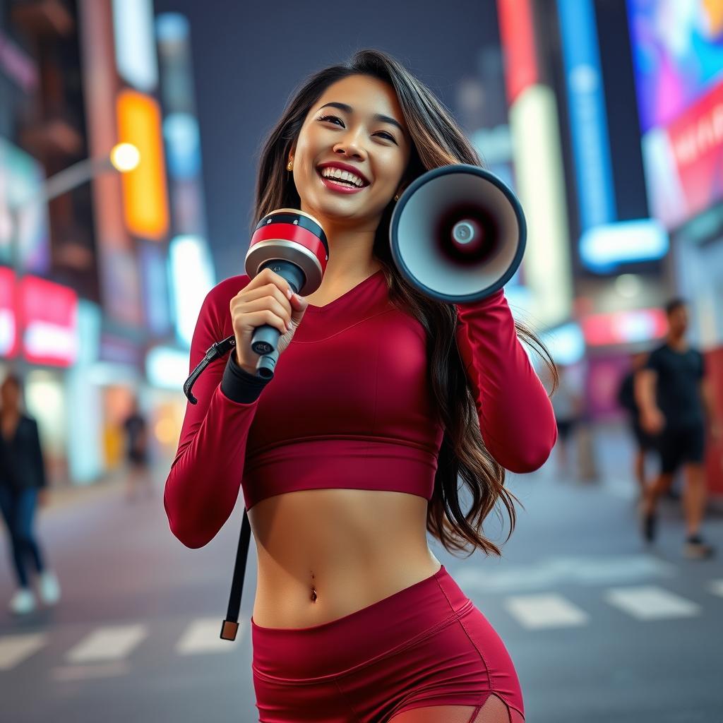 Beautiful Indonesian woman in a red maroon sexy sport outfit, joyfully speaking into a megaphone