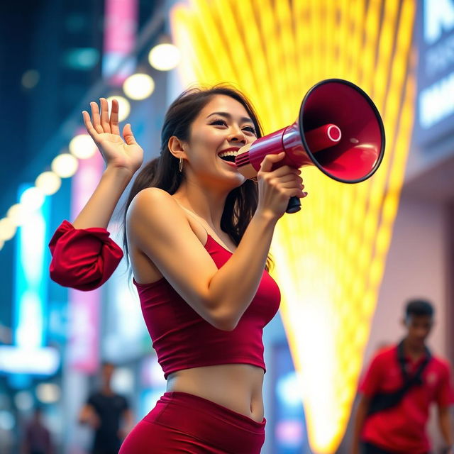 Beautiful Indonesian woman in a red maroon sexy sport outfit, joyfully speaking into a megaphone