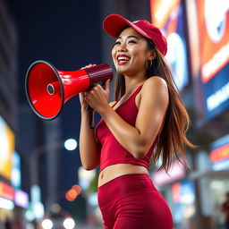 Beautiful Indonesian woman in a red maroon sexy sport outfit, joyfully speaking into a megaphone