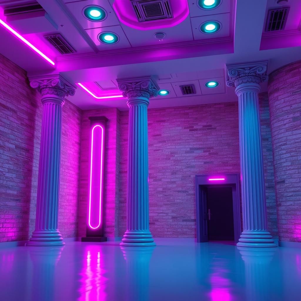 A futuristic interior scene inspired by a nightclub or modern lounge, featuring tall, classical-style columns with ornate carvings, illuminated by vibrant pink and purple neon lights