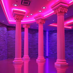 A futuristic interior scene inspired by a nightclub or modern lounge, featuring tall, classical-style columns with ornate carvings, illuminated by vibrant pink and purple neon lights