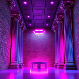 A futuristic interior scene inspired by a nightclub or modern lounge, featuring tall, classical-style columns with ornate carvings, illuminated by vibrant pink and purple neon lights