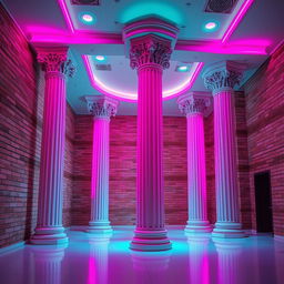 A futuristic interior scene inspired by a nightclub or modern lounge, featuring tall, classical-style columns with ornate carvings, illuminated by vibrant pink and purple neon lights