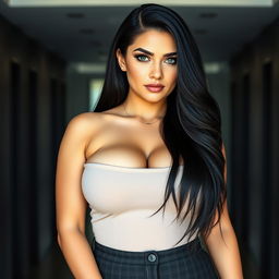 An 18-year-old Brazilian female boss with a curvy and voluptuous figure, featuring full breasts and a round, firm ass