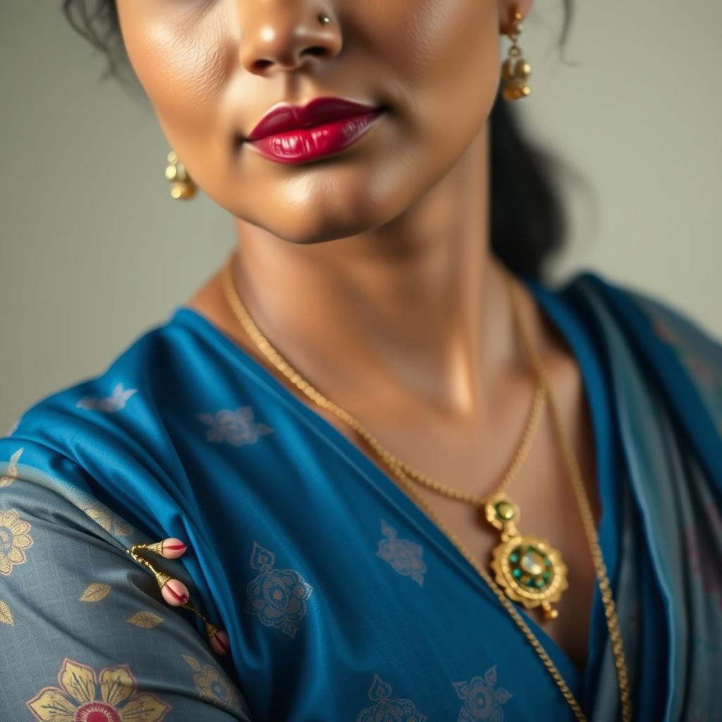 A detailed and elegant portrait of a woman, wearing a blue floral blouse and traditional jewelry, including a necklace with a pendant