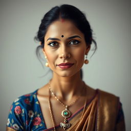 A detailed and elegant portrait of a woman, wearing a blue floral blouse and traditional jewelry, including a necklace with a pendant