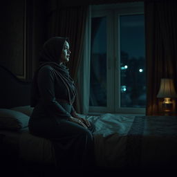 A woman named Maimunah, with a curvaceous figure and wearing a hijab, sits on the edge of a luxurious bed in an elegant yet cold bedroom