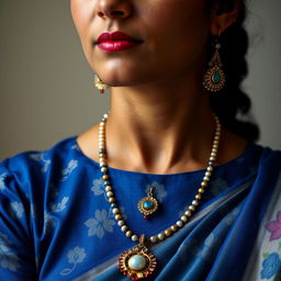 A detailed and elegant portrait of a woman, wearing a blue floral blouse and traditional jewelry, including a necklace with a pendant