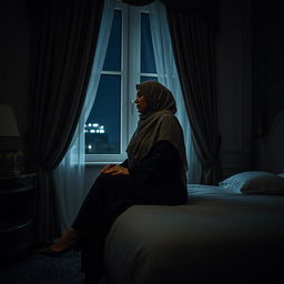 A woman named Maimunah, with a curvaceous figure and wearing a hijab, sits on the edge of a luxurious bed in an elegant yet cold bedroom