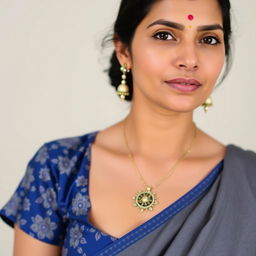 A detailed and elegant portrait of a woman, wearing a blue floral blouse and traditional jewelry, including a necklace with a pendant