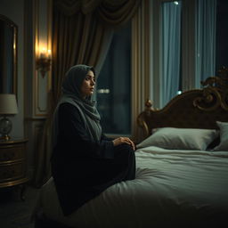 A woman named Maimunah, with a curvaceous figure and wearing a hijab, sits on the edge of a luxurious bed in an elegant yet cold bedroom