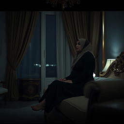 A woman named Maimunah, with a curvaceous figure and wearing a hijab, sits on the edge of a luxurious bed in an elegant yet cold bedroom