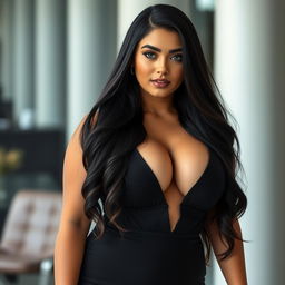 An 18-year-old Brazilian female boss with a curvy and voluptuous physique, highlighting full breasts, a round, firm ass, and exceptionally beautiful legs