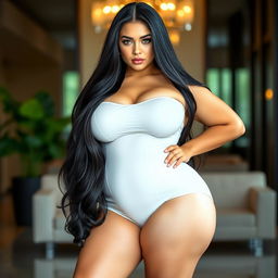 An 18-year-old Brazilian female boss with a curvy and voluptuous physique, highlighting full breasts, a round, firm ass, and exceptionally beautiful legs