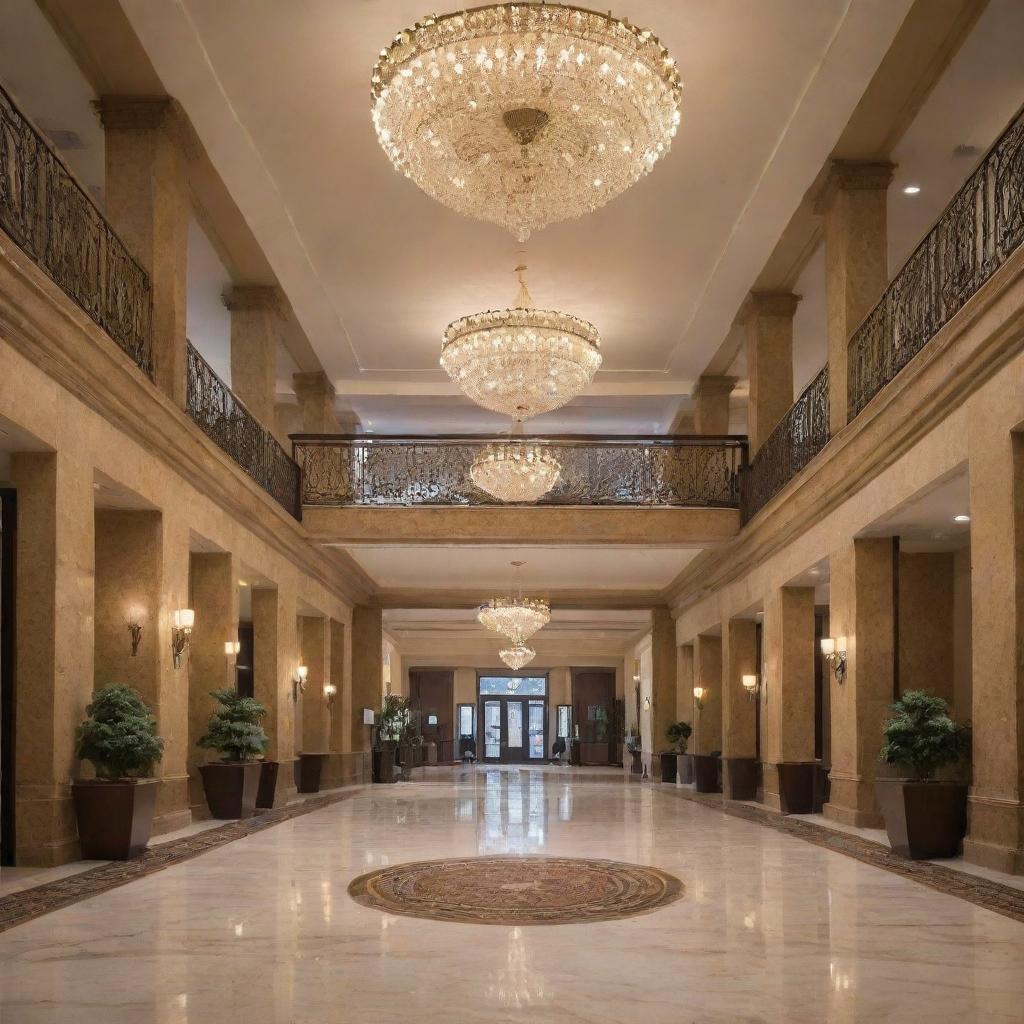 An elegant hotel lobby as seen from a grand entrance, bustling with guests and staff, demonstrating efficient hospitality management with a hint of luxury and comfort.