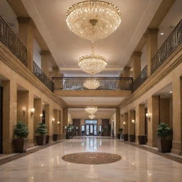 An elegant hotel lobby as seen from a grand entrance, bustling with guests and staff, demonstrating efficient hospitality management with a hint of luxury and comfort.