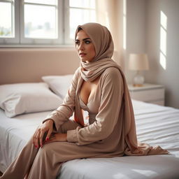 A woman named Maimunah, wearing an elegant hijab, sits at the edge of her bed in a bright, sunlit bedroom