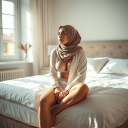 A woman named Maimunah, wearing an elegant hijab, sits at the edge of her bed in a bright, sunlit bedroom