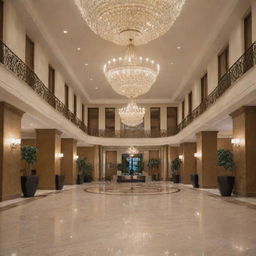 An elegant hotel lobby as seen from a grand entrance, bustling with guests and staff, demonstrating efficient hospitality management with a hint of luxury and comfort.