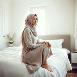 A woman named Maimunah, wearing an elegant hijab, sits at the edge of her bed in a bright, sunlit bedroom