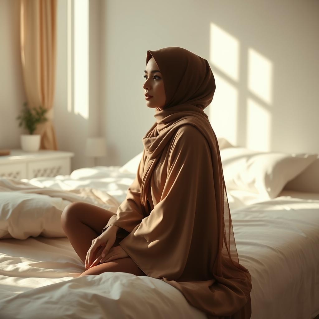 A woman named Maimunah, wearing an elegant hijab, sits at the edge of her bed in a bright, sunlit bedroom