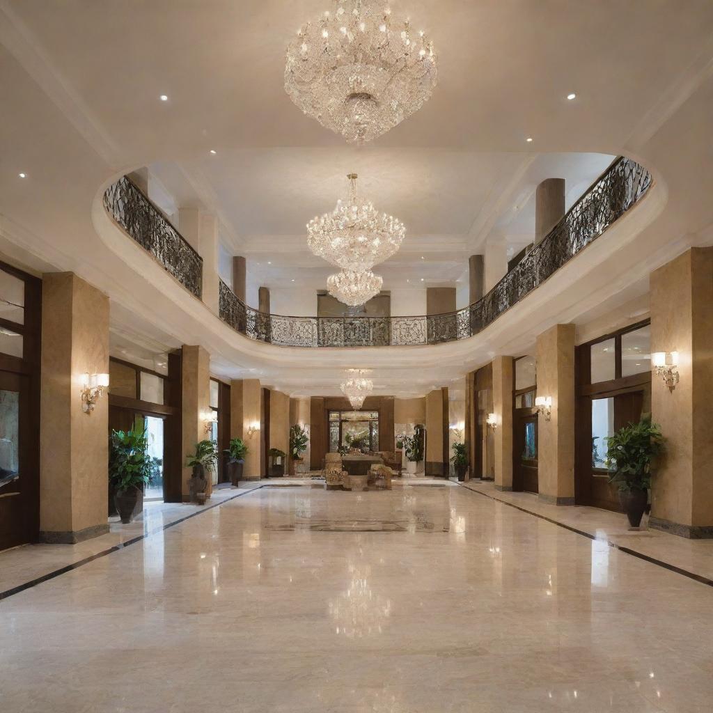 An elegant hotel lobby as seen from a grand entrance, bustling with guests and staff, demonstrating efficient hospitality management with a hint of luxury and comfort.