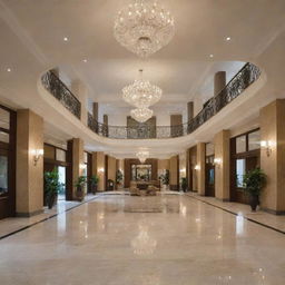 An elegant hotel lobby as seen from a grand entrance, bustling with guests and staff, demonstrating efficient hospitality management with a hint of luxury and comfort.