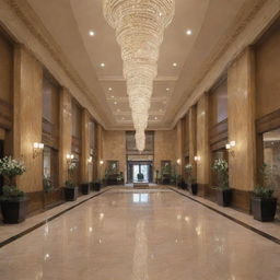 An elegant hotel lobby as seen from a grand entrance, bustling with guests and staff, demonstrating efficient hospitality management with a hint of luxury and comfort.