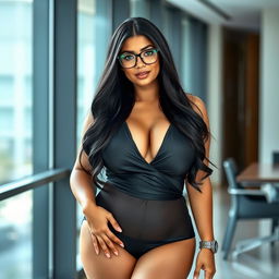 A 28-year-old Brazilian female secretary with a curvy and voluptuous figure, highlighting full breasts, a round, firm ass, and gorgeously beautiful legs