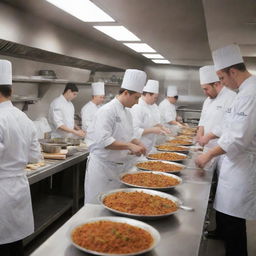 A bustling culinary school filled with students at various stations: preparing ingredients, cooking on stoves, baking in ovens, and plating dishes, all under the watchful eye of seasoned chefs.