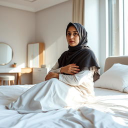 A woman of Asian descent named Maimunah, around 30 years old, sits on a large bed with white, clean sheets in a brightly lit bedroom