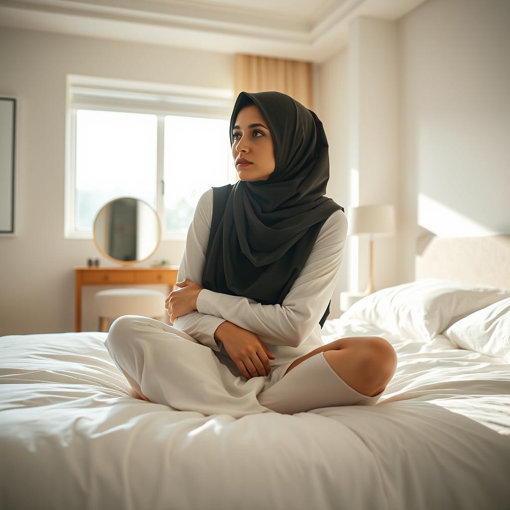 A woman of Asian descent named Maimunah, around 30 years old, sits on a large bed with white, clean sheets in a brightly lit bedroom