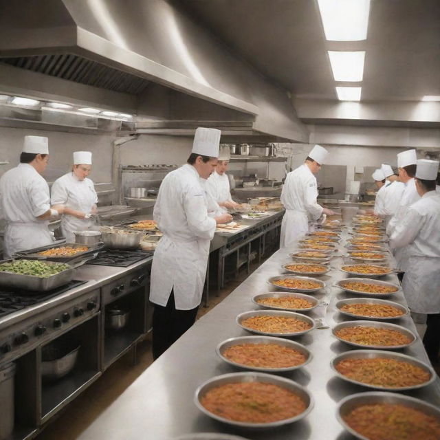 A bustling culinary school filled with students at various stations: preparing ingredients, cooking on stoves, baking in ovens, and plating dishes, all under the watchful eye of seasoned chefs.