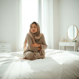 A woman of Asian descent named Maimunah, around 30 years old, sits on a large bed with white, clean sheets in a brightly lit bedroom