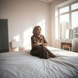 A woman of Asian descent named Maimunah, around 30 years old, sits on a large bed with white, clean sheets in a brightly lit bedroom