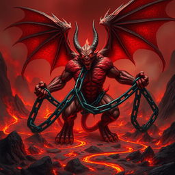 A fierce pit fiend, a towering infernal creature with massive wings and scales of ruby red, is bound to the fiery grounds of hell by enormous black iron chains