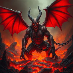 A fierce pit fiend, a towering infernal creature with massive wings and scales of ruby red, is bound to the fiery grounds of hell by enormous black iron chains