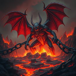 A fierce pit fiend, a towering infernal creature with massive wings and scales of ruby red, is bound to the fiery grounds of hell by enormous black iron chains