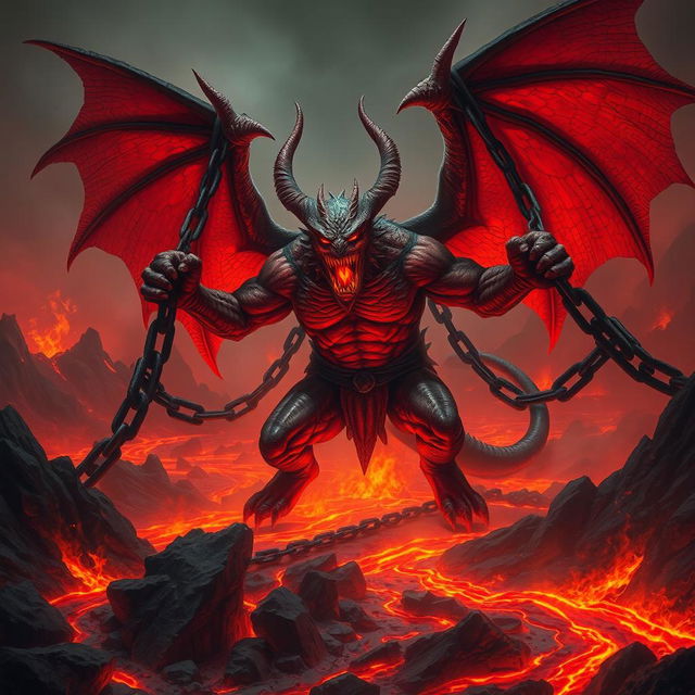 A fierce pit fiend, a towering infernal creature with massive wings and scales of ruby red, is bound to the fiery grounds of hell by enormous black iron chains